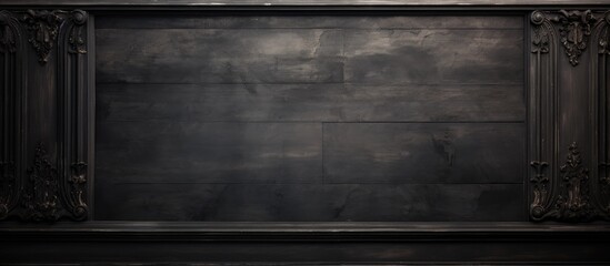 A dimly lit room featuring a wooden grey rectangle frame on a black wall. Monochrome photography and dark flooring enhance the dark ambiance