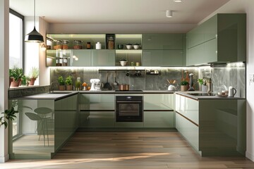 Modern U-shaped kitchen, with a sleek design, in a Sage color.	