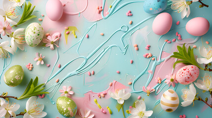 Decorative easter eggs, flowers on pastel background design concept 