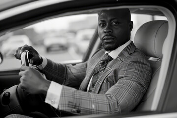 African executive in formal attire sitting confidently in his car, ready to conquer the day.