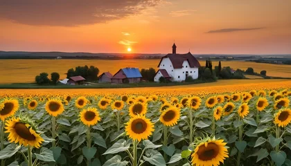 Poster An enchanting scene featuring Dobroslav village bathed in the warm glow of a summer sunset, with fields of sunflowers glowing golden in the fading light. © Muhammad