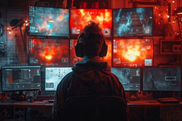  IT specialist in front of monitors and holograms with an interface and cybernetic. Concept: visualization of cybersecurity, hacker attacks, digital analytics and network monitoring topics