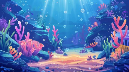 An underwater scene with corals, stones, and algae. Cartoon modern illustration of sandy bottom of a sea, ocean, or aquarium covered with bubbles.