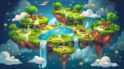 Floating islands with rivers and waterfalls, green grass and trees, mystical creatures and a cartoon illustration of a gaming route stage.
