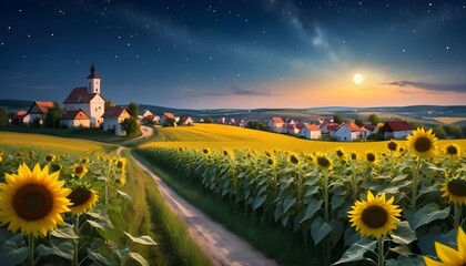 A magical scene featuring Dobroslav village under a starry sky, with twinkling lights illuminating the streets and fields of sunflowers shimmering in the moonlight.