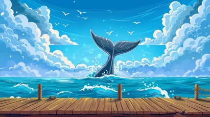 Illustration of a whale tail splashing in the ocean. A modern cartoon illustration of a summer seascape with marine animals in water and fluffy clouds in the sky. Illustration of a voyage adventure, - obrazy, fototapety, plakaty