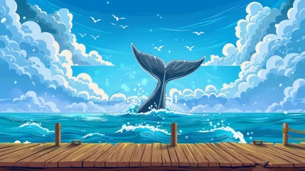 Foto op Canvas Illustration of a whale tail splashing in the ocean. A modern cartoon illustration of a summer seascape with marine animals in water and fluffy clouds in the sky. Illustration of a voyage adventure, © Mark
