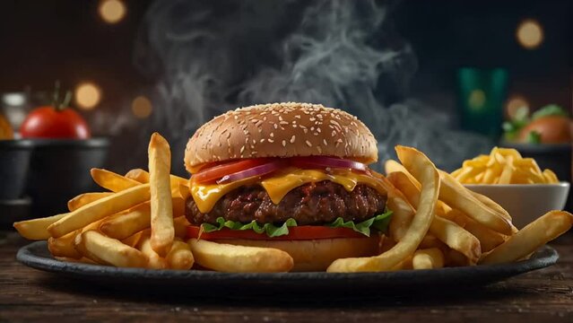delicious, hamburger, French fries menu