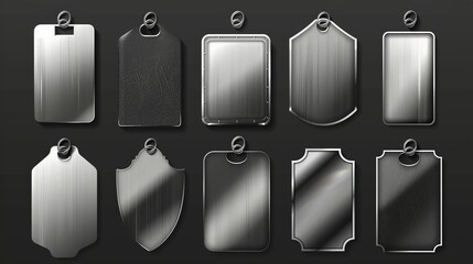 Blank metal tags isolated on black background. Modern realistic illustration of steel, silver, iron plates of round, square, rectangular shapes, shiny button frame, matte texture nameplates. - obrazy, fototapety, plakaty