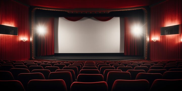 a movie theater with red curtains and a white screen