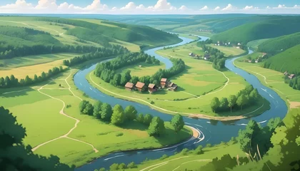 Selbstklebende Fototapeten A tranquil countryside landscape with winding rivers and lush forests surrounding Dobroslav village, capturing the beauty of rural Ukraine in anime style. © Muhammad