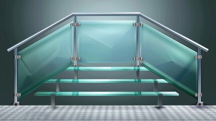 Isolated set of glass handrails on transparent background. Modern realistic illustration of a plastic barrier, stair balustrade, plexiglass fence, on metal poles for interior design. - obrazy, fototapety, plakaty