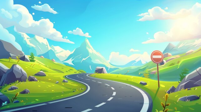 Cartoon illustration of summer day landscape with rocky hills and asphalt highway with empty winding road in the mountains on a sunny sky.