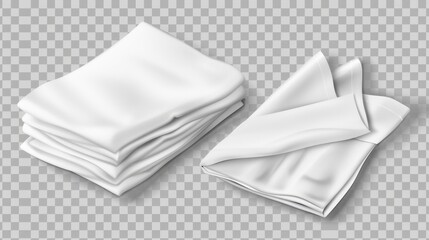 Isolated on transparent background, white kitchen towels folded in a row. Modern realistic illustration. Tablecloth mockup for restaurant or home design.