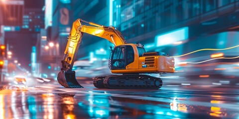 a yellow excavator on a wet street