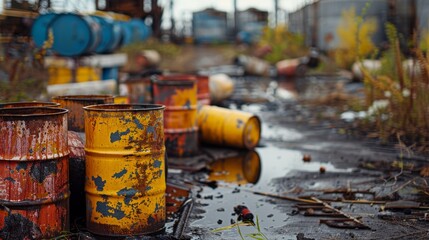 Chemically polluted site with barrels of toxic waste  - obrazy, fototapety, plakaty