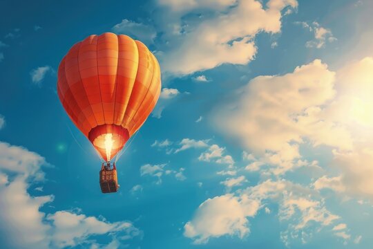 Hot air balloon flying in the sky with clouds, adventure, balloon ride.