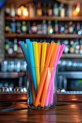 Colorful silicone straws in a glass cup on a bar counter.