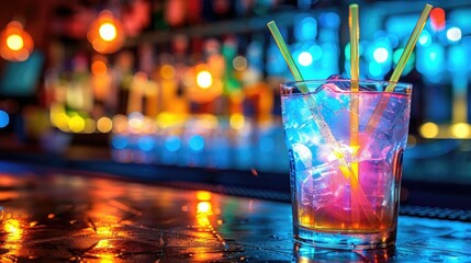 Illuminated cocktail with colorful straws on a bar counter.