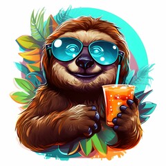 Fototapeta premium Cool summer animal. Sloth on the beach with a cocktail. Vacation with animals. Summer vibe. Summer T-shirt print