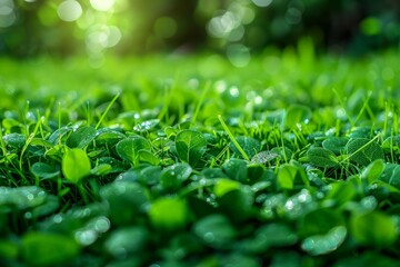Macro shot capturing morning dew drops on a bed of lush green clover leaves