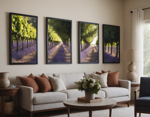 Tranquil Living Room with Lavender Field Triptych Art