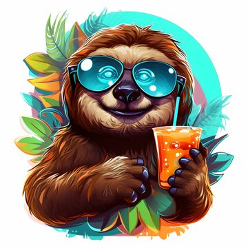 Cool summer animal. Sloth on the beach with a cocktail. Vacation with animals. Summer vibe. Summer T-shirt print