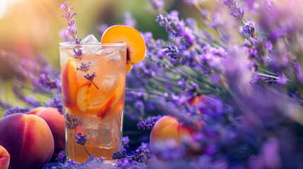 A single glass of peach iced tea with a peach slice, set against a dreamy lavender field during...