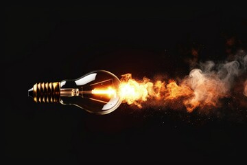 Light bulb taking off like a rocket, concept of innovation, creativity and idea, black background.
