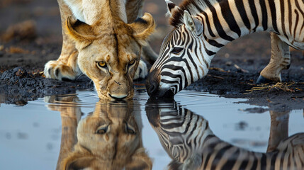 Animal illustration, Lioness and zebra drinking water from the same puddle together, professional wildlife picture, close-up, beautiful shroud.
