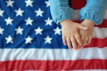 child holding a USA flag. American Flag Wave Close Up for Memorial Day or 4th of July - obrazy, fototapety, plakaty