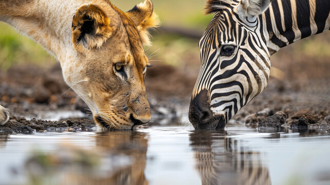 Animal illustration, Lioness and zebra drinking water from the same puddle together, professional wildlife picture, close-up, beautiful shroud.