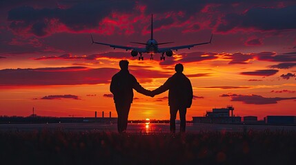 Silhouette of couple holding hands at airport during sunset.