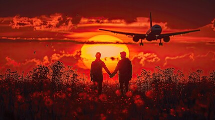 Couple holding hands against sunset and airplane.