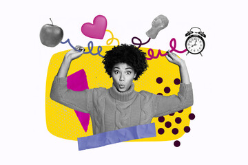 Photo collage young crazy impressed girl showing mind disorder funny reaction clock heart like...