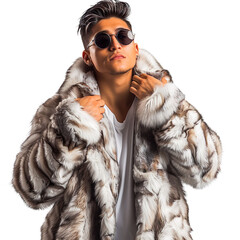 Front view mid body shot of a stylish male Latin model wearing a chinchilla fur coat, paired with sleek sunglasses on a white transparent backdrop