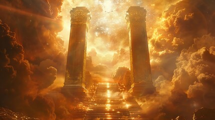 Two golden massive pillars, one of purest marble and the other of gold, stand as the entrance to The Pillars of Ascension Gateway. 