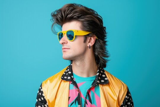Man with 80s style clothes and mullet haircut, nostalgia concept.