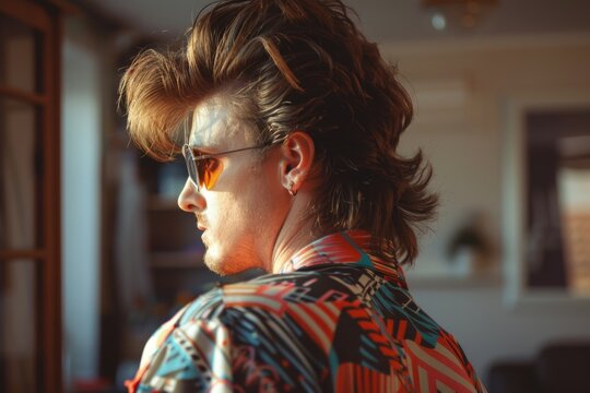 Man with 80s style clothes and mullet haircut, nostalgia concept.