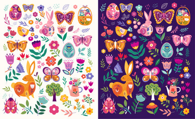 Spring holiday collection. Colorful collection with easter rabbits, Easter eggs, butterfly and beatle. Happy easter greeting cards with decorative easter bunny. Notebook covers	