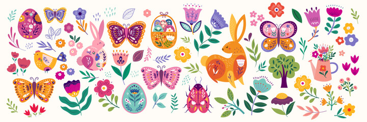 Spring holiday collection. Colorful collection with easter rabbits, Easter eggs, butterfly and beatle. Happy easter greeting cards with decorative easter bunny. Notebook covers	