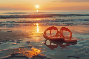 Foto op Plexiglas Orange flip flops on the beach at sunset and beautiful sea in the background, summer concept. © Deivison
