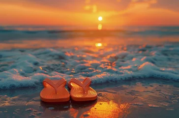 Tuinposter Orange flip flops on the beach at sunset and beautiful sea in the background, summer concept. © Deivison