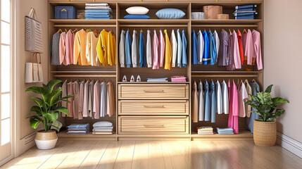 A large wardrobe filled with various female clothing items