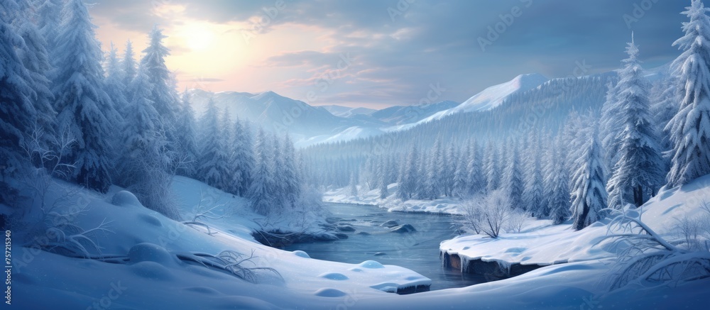 Canvas Prints a picturesque natural landscape of a snowy forest with a river winding through, mountains in the bac