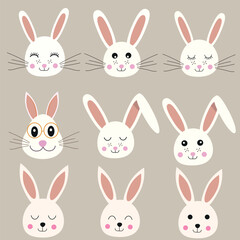 Happy easter cute bunnies in different expressions clip art vector illustration isolated on gray background. For Easter Greeting cards, postcard, and wrapping paper.