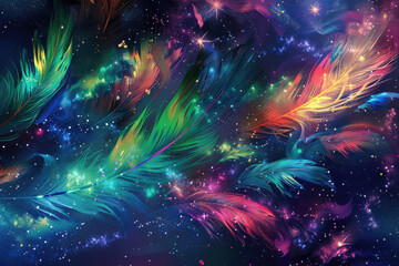 Bright abstract cosmic background with celestial feathers