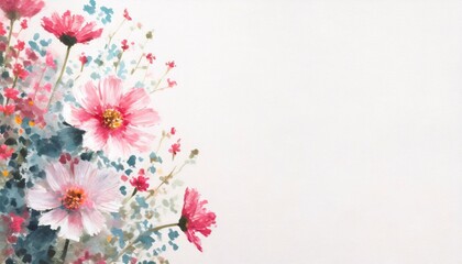 Watercolor floral background with pink and blue flowers on white background.