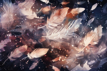 Dark abstract background with flying feathers