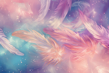 Fototapeta na wymiar Celestial abstract background with feathers in the sky